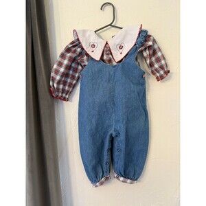 Vintage rosey kids denim overalls with plaid floral collar shirt